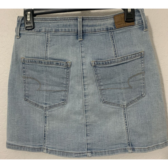 American Eagle Womens 4 Hi Rise A Line Skirt Light Blue Wash Jean Button Down - Picture 3 of 7